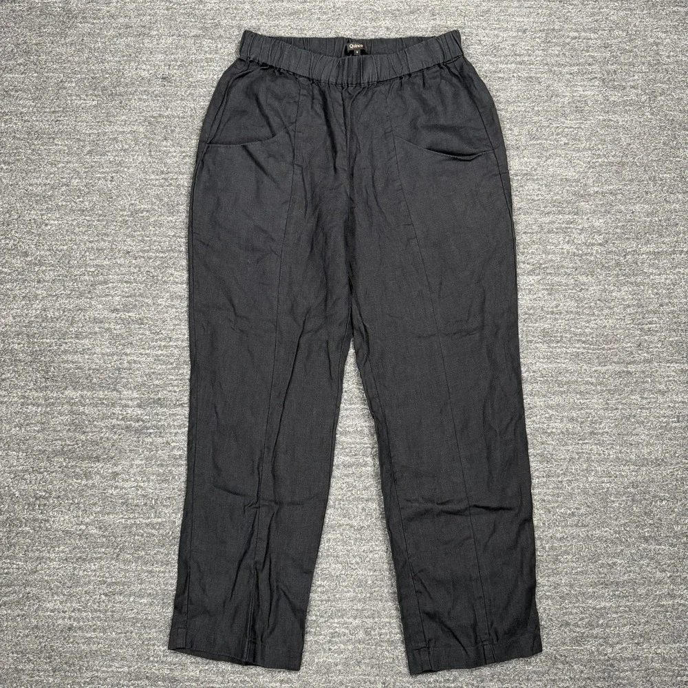 Quince Pants Women Small 100% European Linen Tapered Ankle Black Elastic Waist